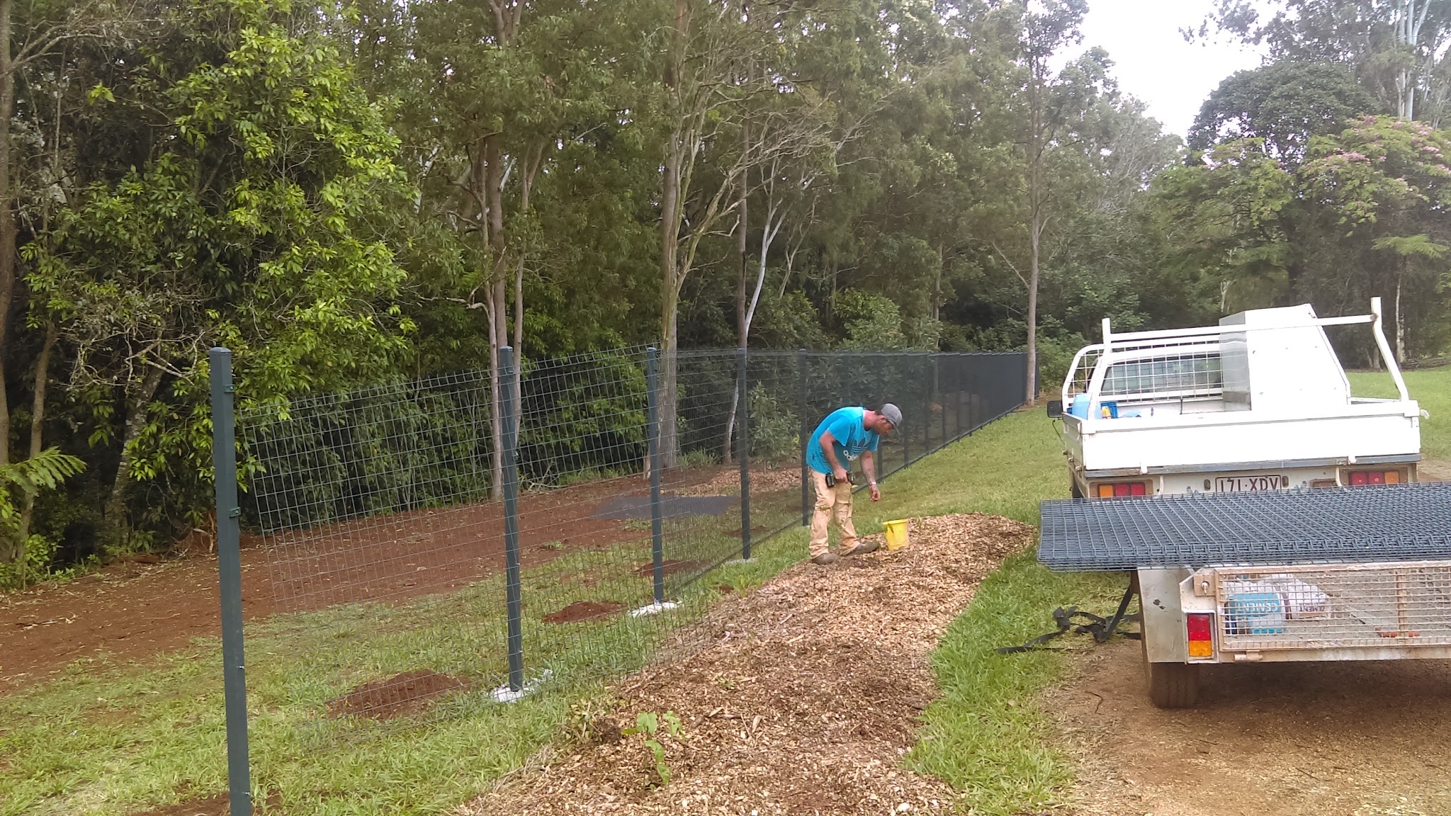 A dark green welded mesh rural boundary fence running through bushland, with a Far North Fencing ute and trailer of mesh panels alongside